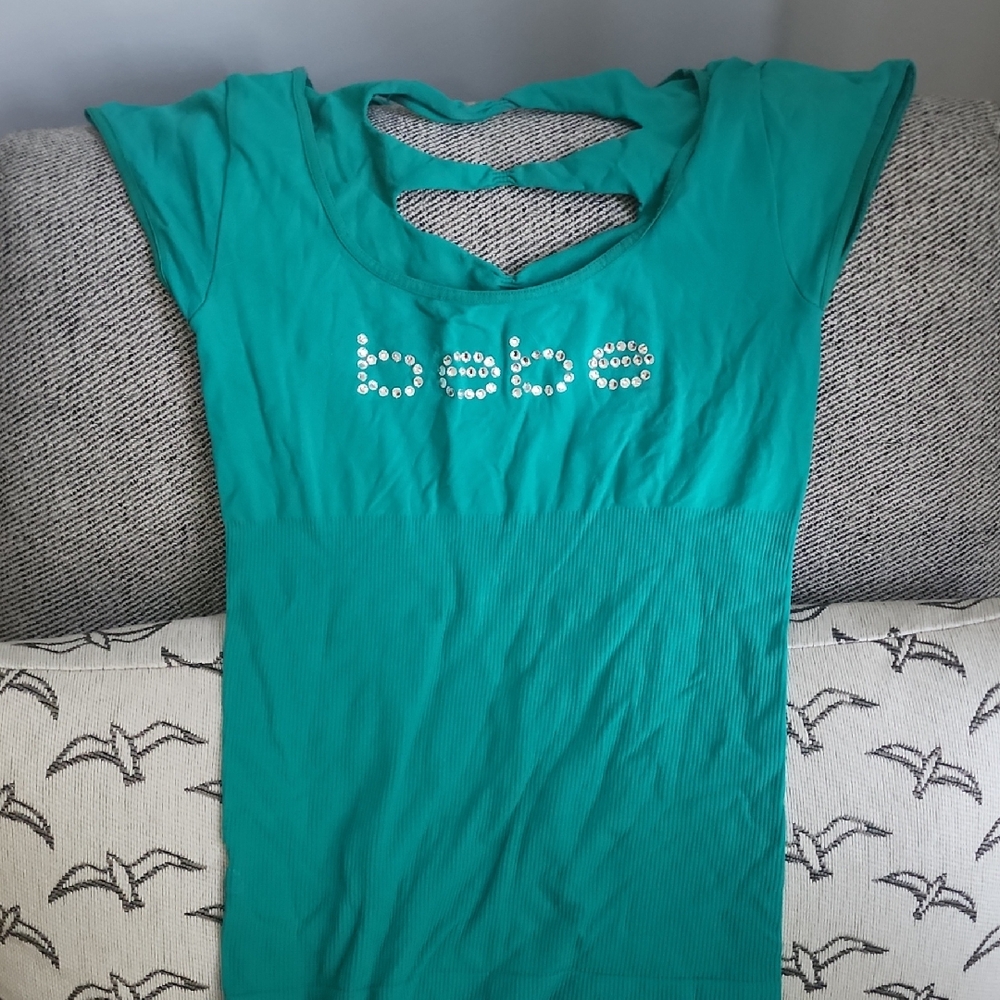 Bebe Aqua Short Sleeve Tee with Rhinestone Logo